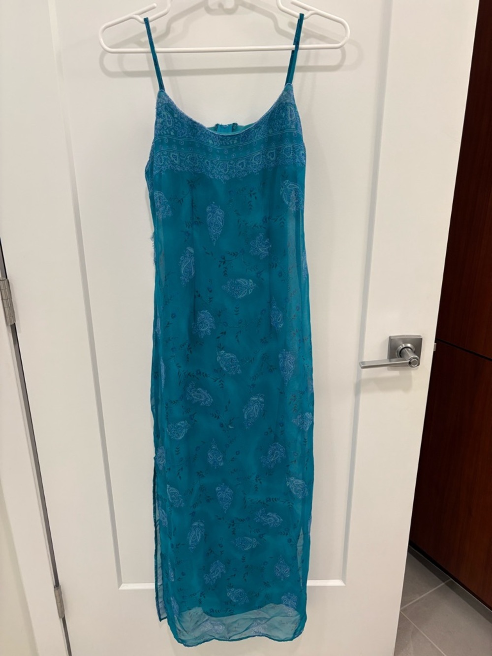 Vintage Y2K Blue Paisley Beaded Sheer Overlay All That Jazz Maxi Dress Size 3/4